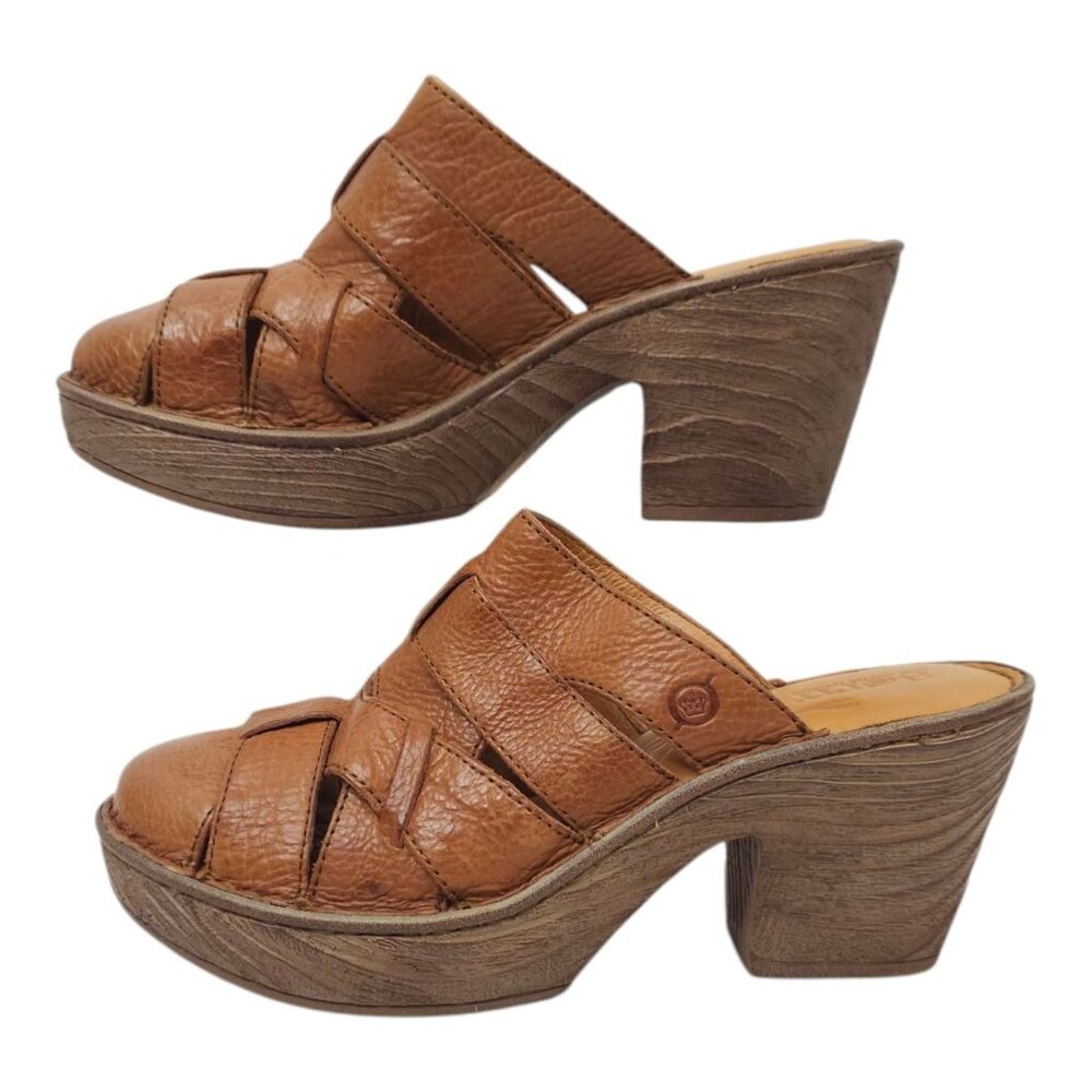 Born Pollina Clog Mule Womens Size 9 M Block Heel Platform Brown Leather Woven